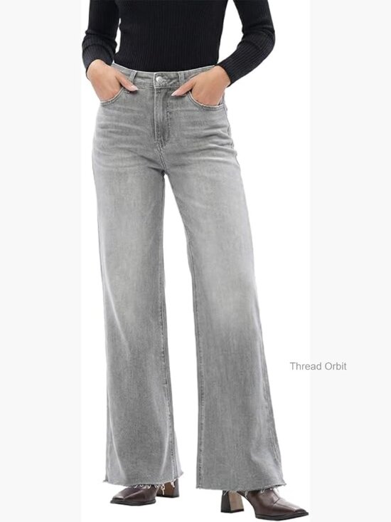 Denim - High Waist Wide Leg Jeans Stretchy Baggy Tummy Control Raw Hem
